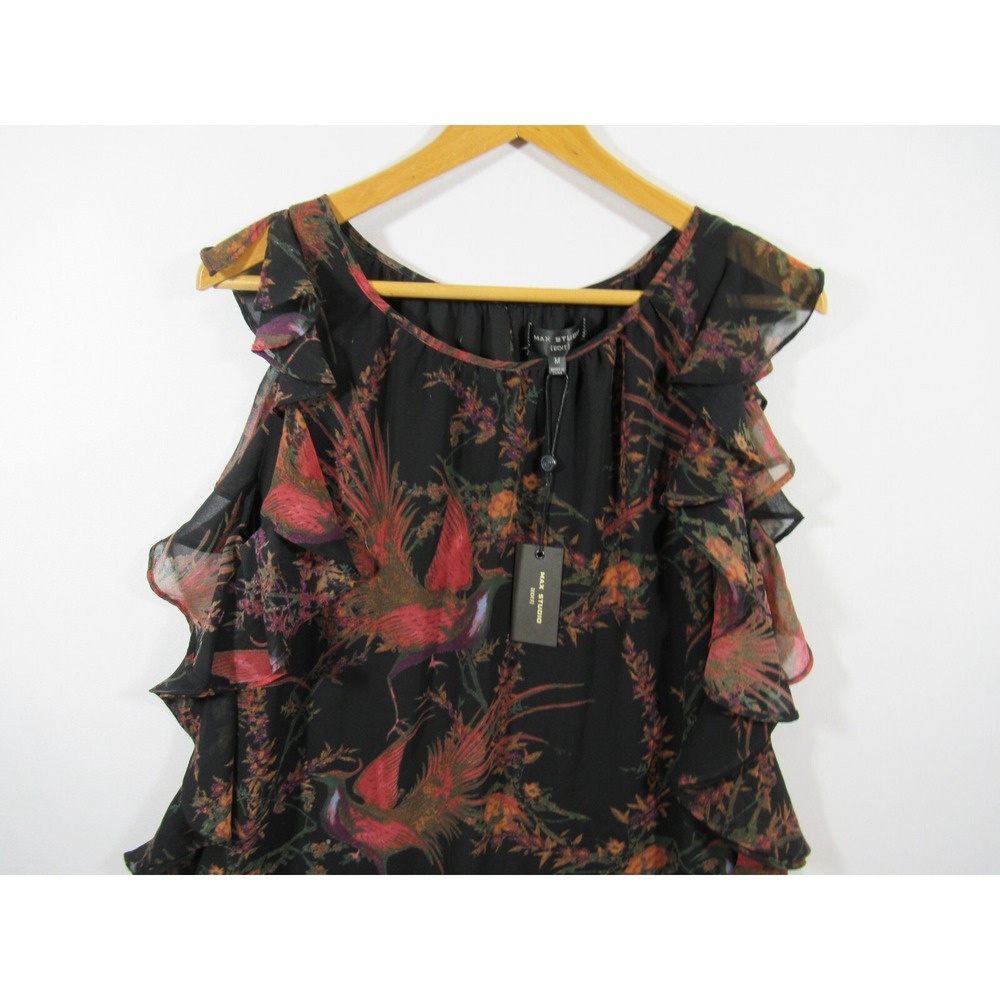 NEW Max Studio Longtail Bird Print Ruffle Dress Women Medium Sleeveless - Picture 2 of 10